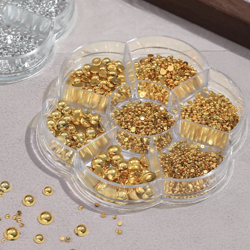 HOT! 7 Grids Silver Gold Pearl Nail Art Decorations White Half Round Flat Bottom Mixed Size Nail Art Diy Accessories