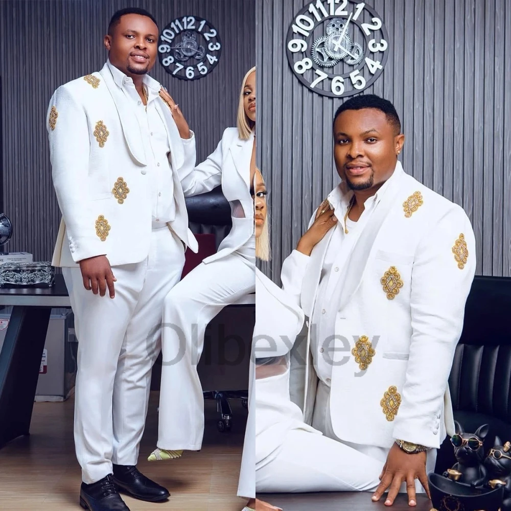 Olibexley Luxury White Gold Beading Wedding Suits For Men Prom Blazers 2 Pieces Sets Groom Tuxedos Ropa Hombre Customized S451