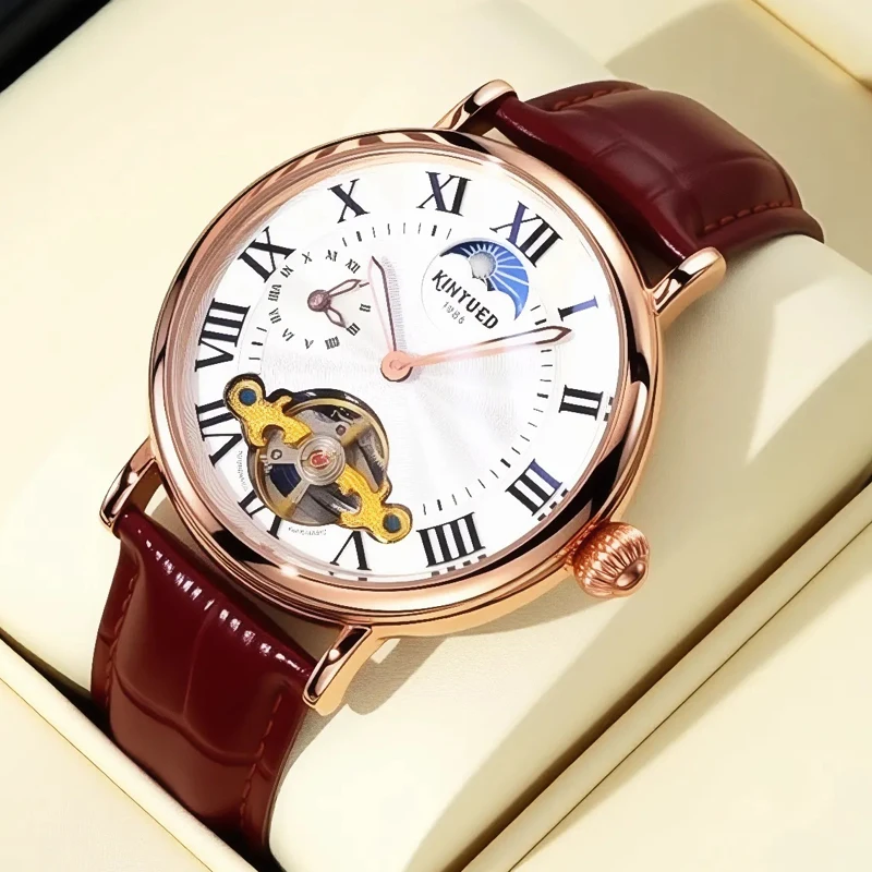 

KINYUED Brand Luxury Mechanical Watch Men Leather Automatic Tourbillon Watches for Men Waterproof Luminous Male Wristwatch Clock