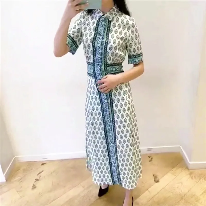 Printed dress linen blend shirt collar elegant French style S home 2024 spring/summer new item for women party dresses