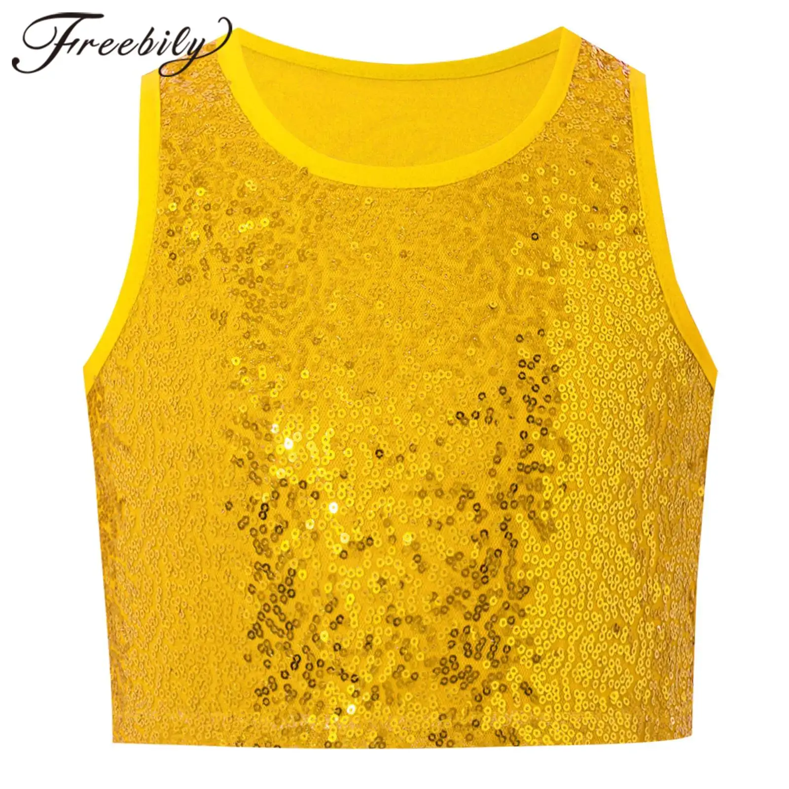 Kids Sparkly Dancewear Stage Top Children's Sequin Tank Top for Girls Music Festival Rave Party Clothes Performance Crop Tops