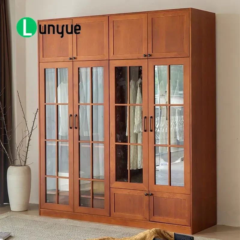 Solid Wood Wardrobe Cherry Wood Glass Swing Door Retro Medieval Style Bedroom Furniture Log Construction Home Storage Cabinet
