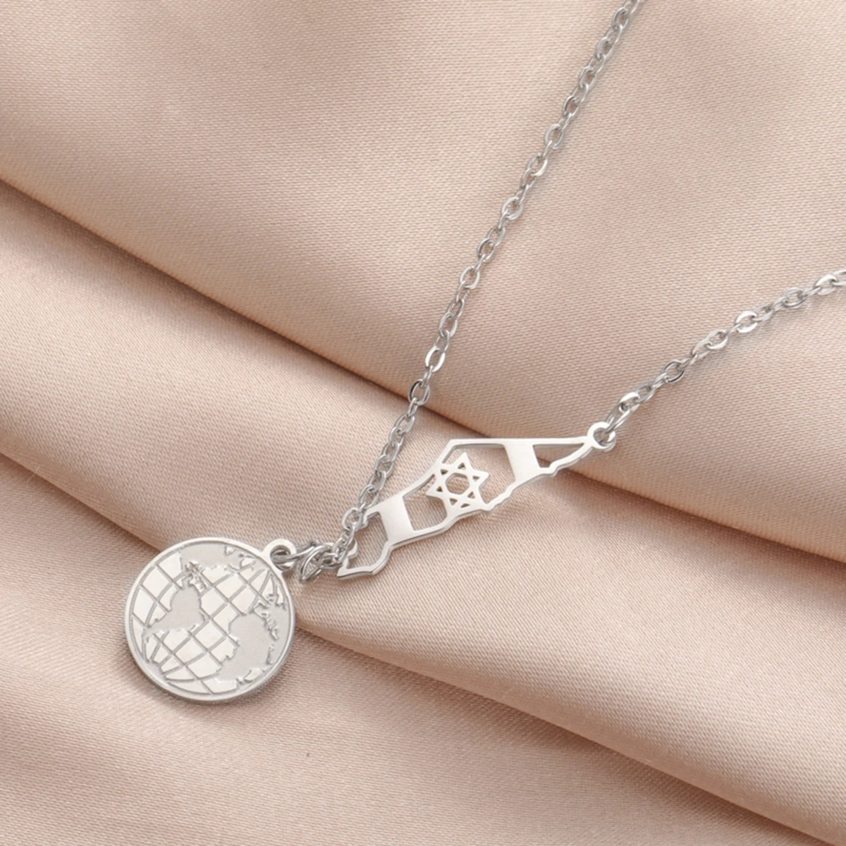 LIKGREAT World Map Israel Star of David Pendant Necklaces for Women Men Earth Globe Round Stainless Steel Necklace Jewelry Gifts