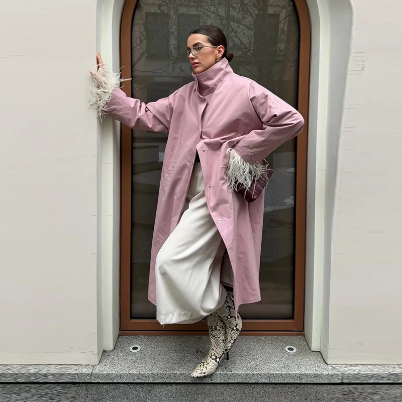 Damen Lange Jacken mit Stehkragen, Einreihige Oversize-Trenchcoats, Street-Style Damenmantel mit Langen Ärmeln, Einfarbig und Locker Geschnitten, Neue Oberbekleidung – Detail 22