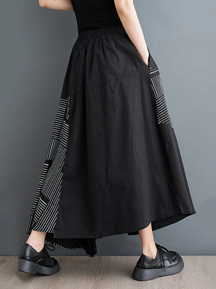 Black Vintage Stripe High Waist Skirts For Women Plus Size Spring Summer New Patchwork Loose Casual Fashion Long Skirt 2026