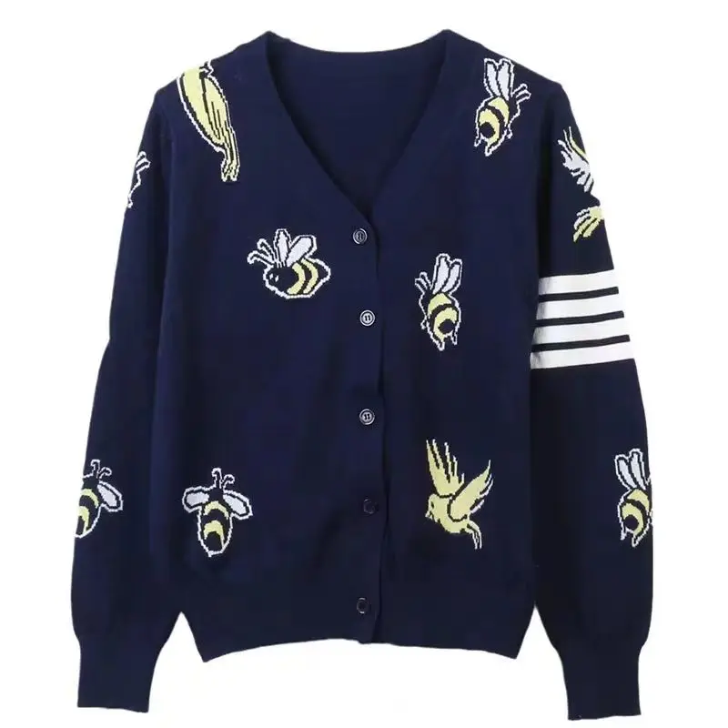 Temperament striped contrasting bee bird embroidery V-neck long sleeved knitted cardigan 2024 autumn/winter women's clothing