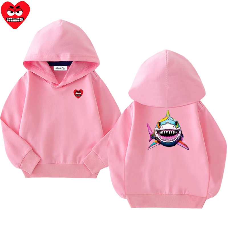 Sudadera con capucha con estampado de tiburones para niño y niña, Jersey fino de algodón con bordado de corazón rojo bonito, sudadera informal holgada para niño de otoño