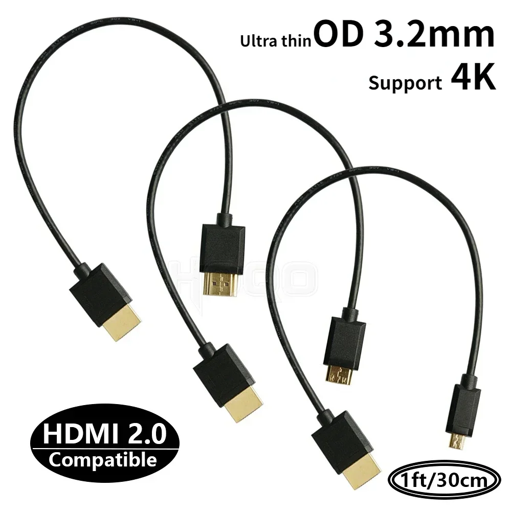 OD 3.2mm Super Soft Micro HDMI to HDMI to Mini HDMI Cable Ultra thin 4k@60hz Light-weight Portable 1ft short thin hdmi2.0 coiled