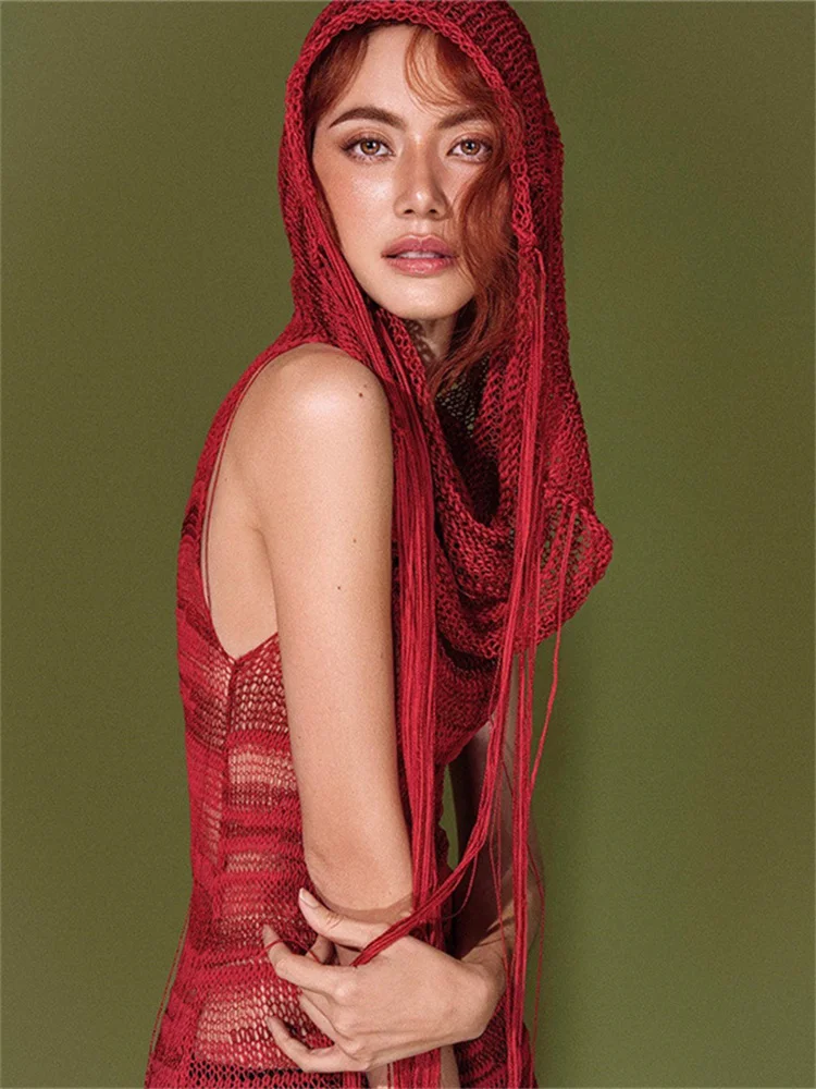 فستان Insglas شفاف من خلال فستان كروشيه مثير بقلنسوة وياقة كومة بدون أكمام ماكسي Bodycon موضة الحفلات المسائية والمناسبات