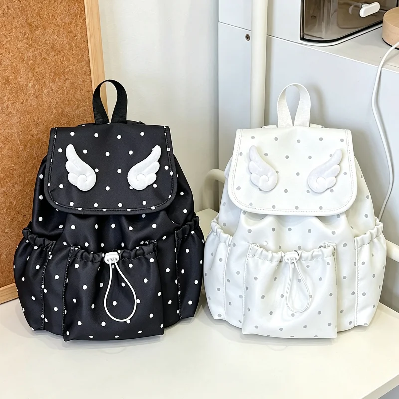 Angel Wings Decor Cute Backpack, Girls Korean Retro Polka Dot Print Magnetic Snap Flap School Backpack Large Drawstring Pocket