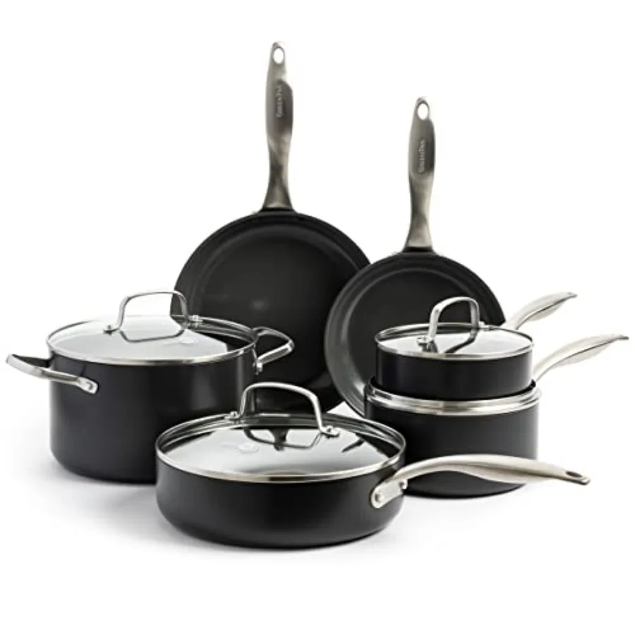 

Cookware set for home cooking, hard anodized aluminum with ceramic nonstick coating, black, PFAS-free, dishwasher and oven safe