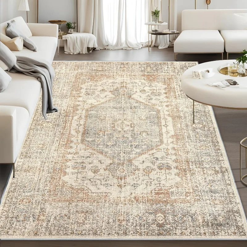 Vintage Distressed Traditional Flannel Carpet Non Slip Floor Rug Floral Print Home Decor Mat for Living Room Bedroom Indoor Use