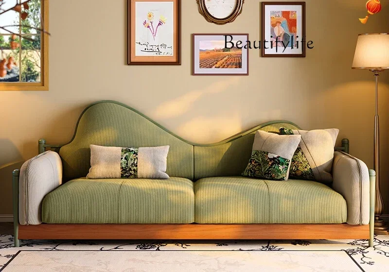 

Fabric sofa French retro style small apartment medium and ancient style three-person corduroy solid wood sofa
