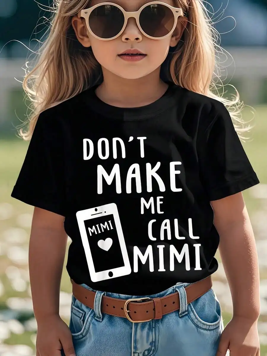 Camiseta negra con estampado Mimi para niños, camiseta informal de algodón con cuello redondo, tejido de punto de elasticidad media, corte regular para niños y niñas, 1 unidad