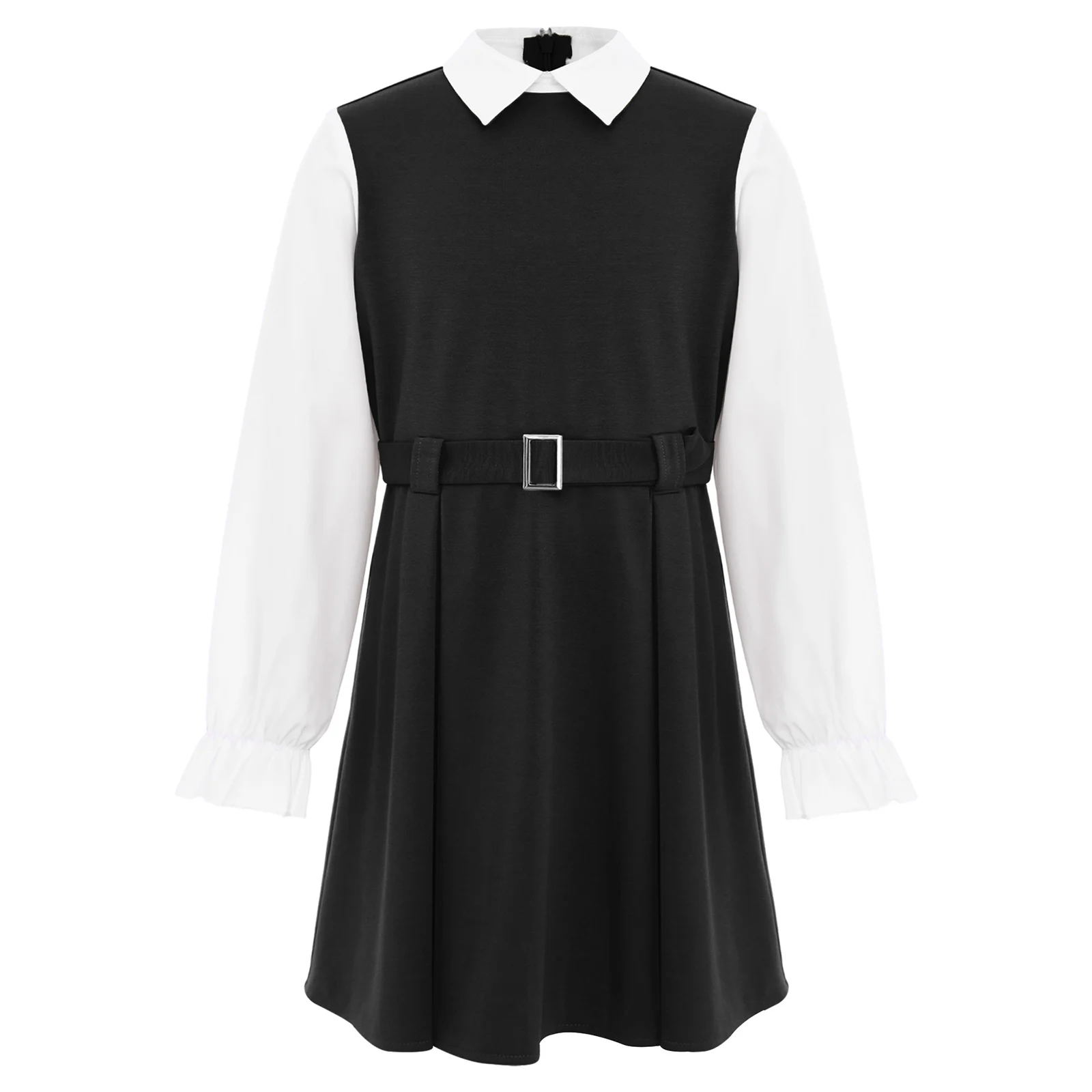 Uniforme scolastica per ragazze adolescenti Abito camicia elegante Colletto rovesciato Abiti a pieghe a maniche lunghe con cintura Abbigliamento per bambini