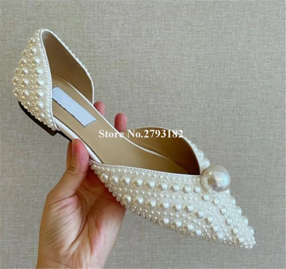 

Bling Bling Women Luxurious White Pearls Flat Shoes Pointed Toe Handmade Big Crystals Flat Dress Pumps Wedding Party Shoes