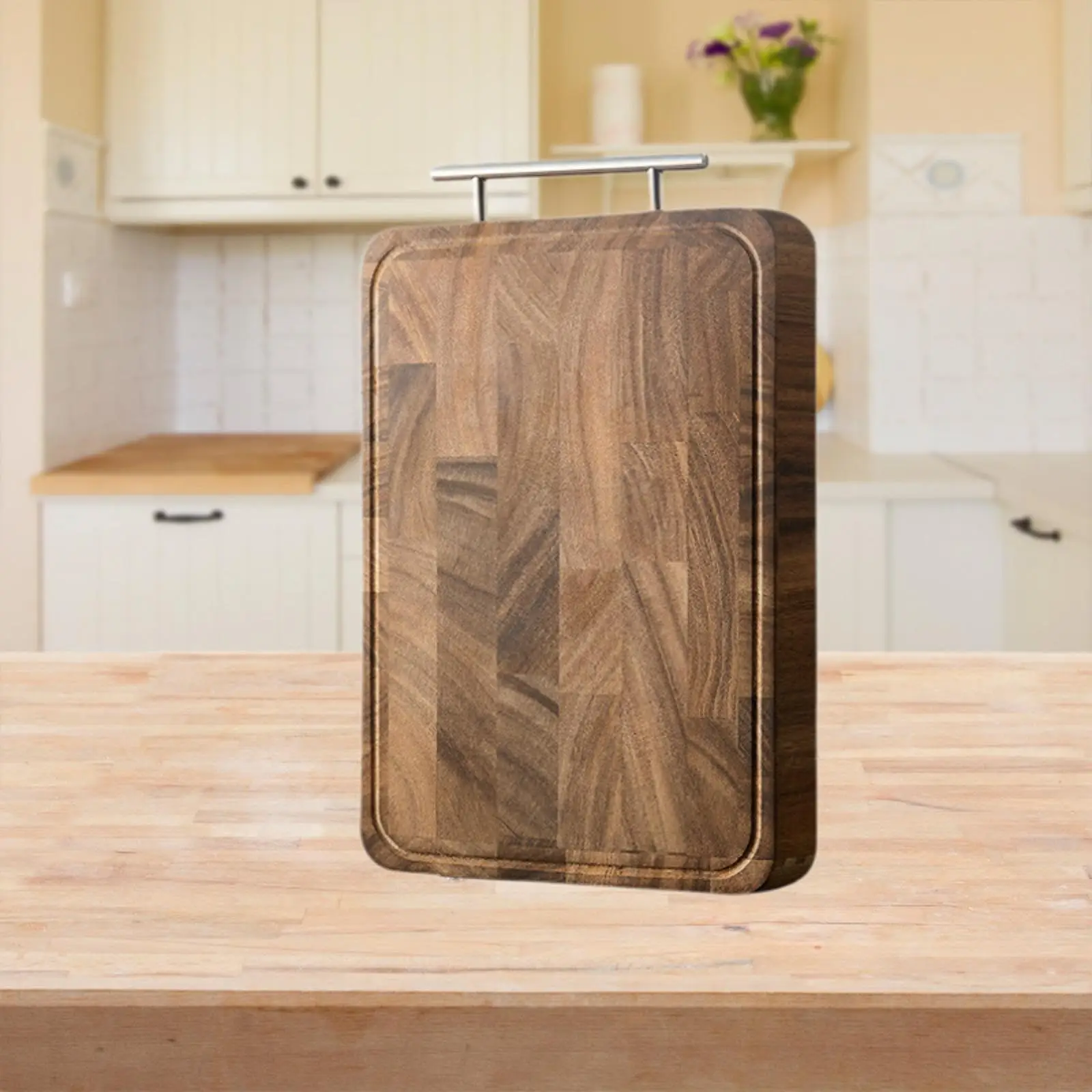 Chopping Board Multifunctional with Handle Sturdy Wood Cutting Board for Kitchen Double Sided for Meat Fruits Bread Steak Cheese