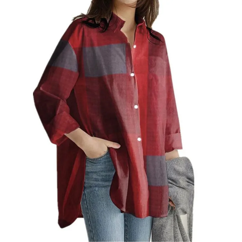 Casual Single-breasted Full Sleeve Shirt Women\'s Blouses Autumn/winter Shirt Fashion Loose Plaid Women Lady Irregularity Blouses