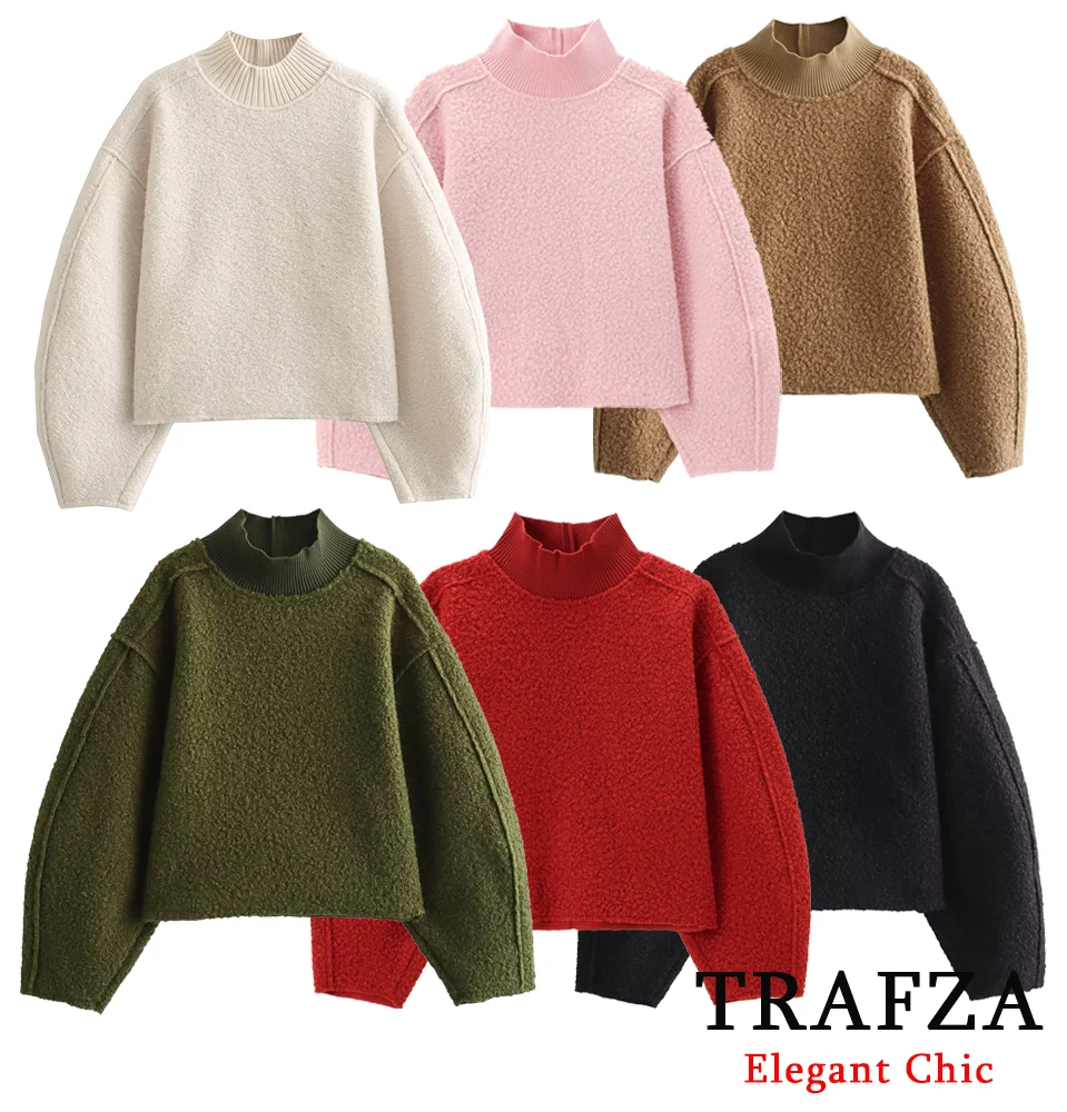 TRAFZA Fall Winter Women Basic Soft Tweed Pullover Sweatshirt Elasticized Neckline New 2024 Fashion Loose Pullover Swearshirt