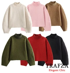 TRAFZA Fall Winter Women Basic Soft Tweed Pullover Sweatshirt Elasticized Neckline New 2024 Fashion Loose Pullover Swearshirt