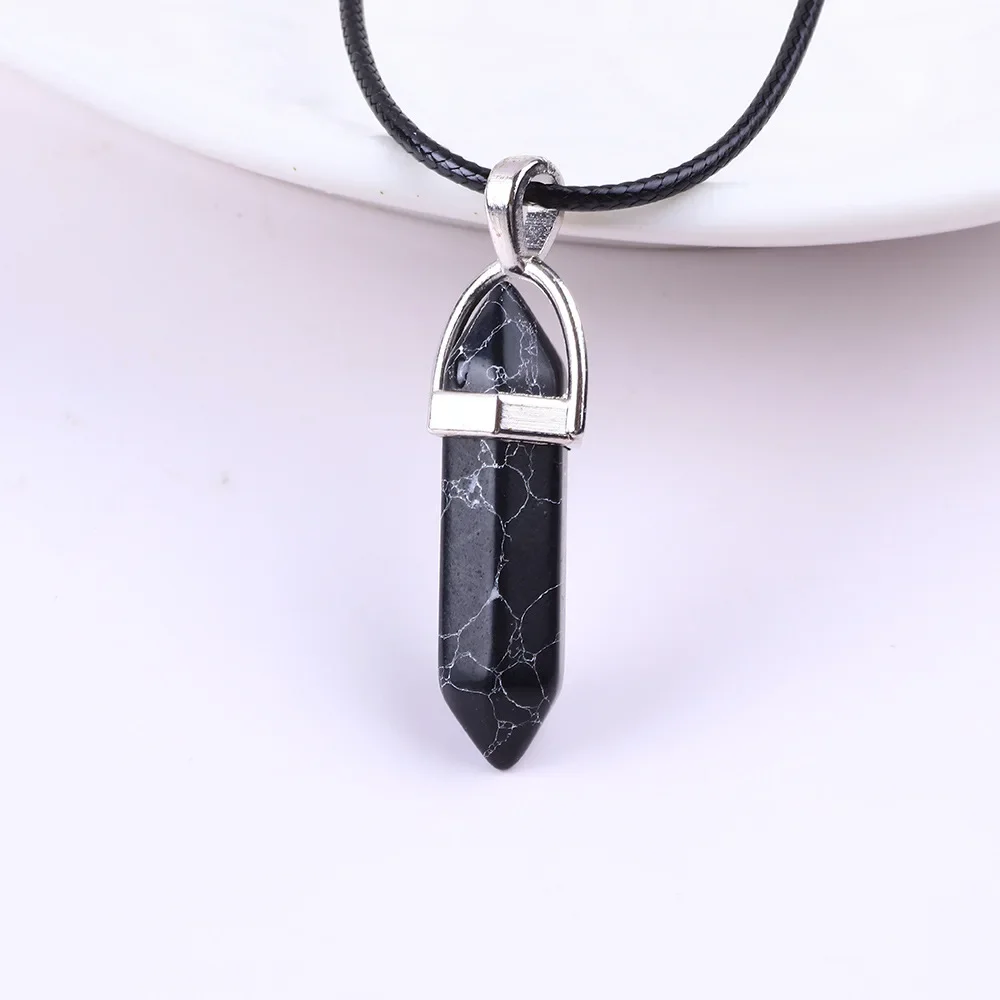 Six Colors Pine Stone Pendant Necklace Women PU Leather Hexagonal Column Pointed Reiki Chakra Lapis Chunky Jewelry