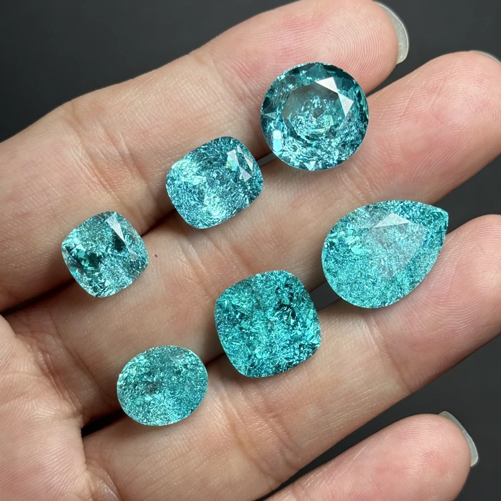 Lab Grown Ice Crushed Blue Paraiba Oval Asscher Round Pear Princess Pear Heart Cushion Trillion Cut Gemstone