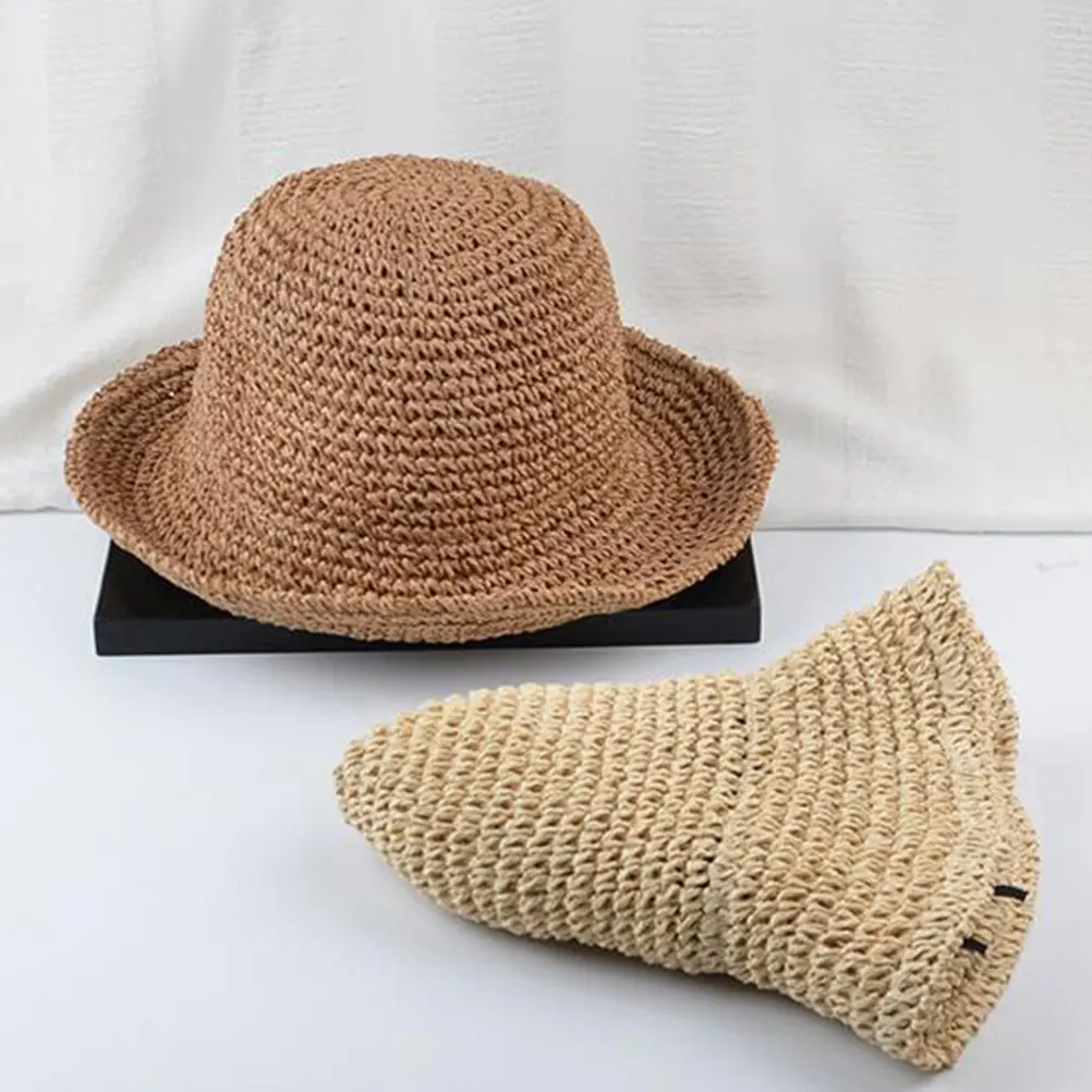

1Pcs Summer Straw Hat Sun Block Wide Brim Beach Cap Uv Protection Outdoor Travel Fishing Hat Khaki Sun Block Cap