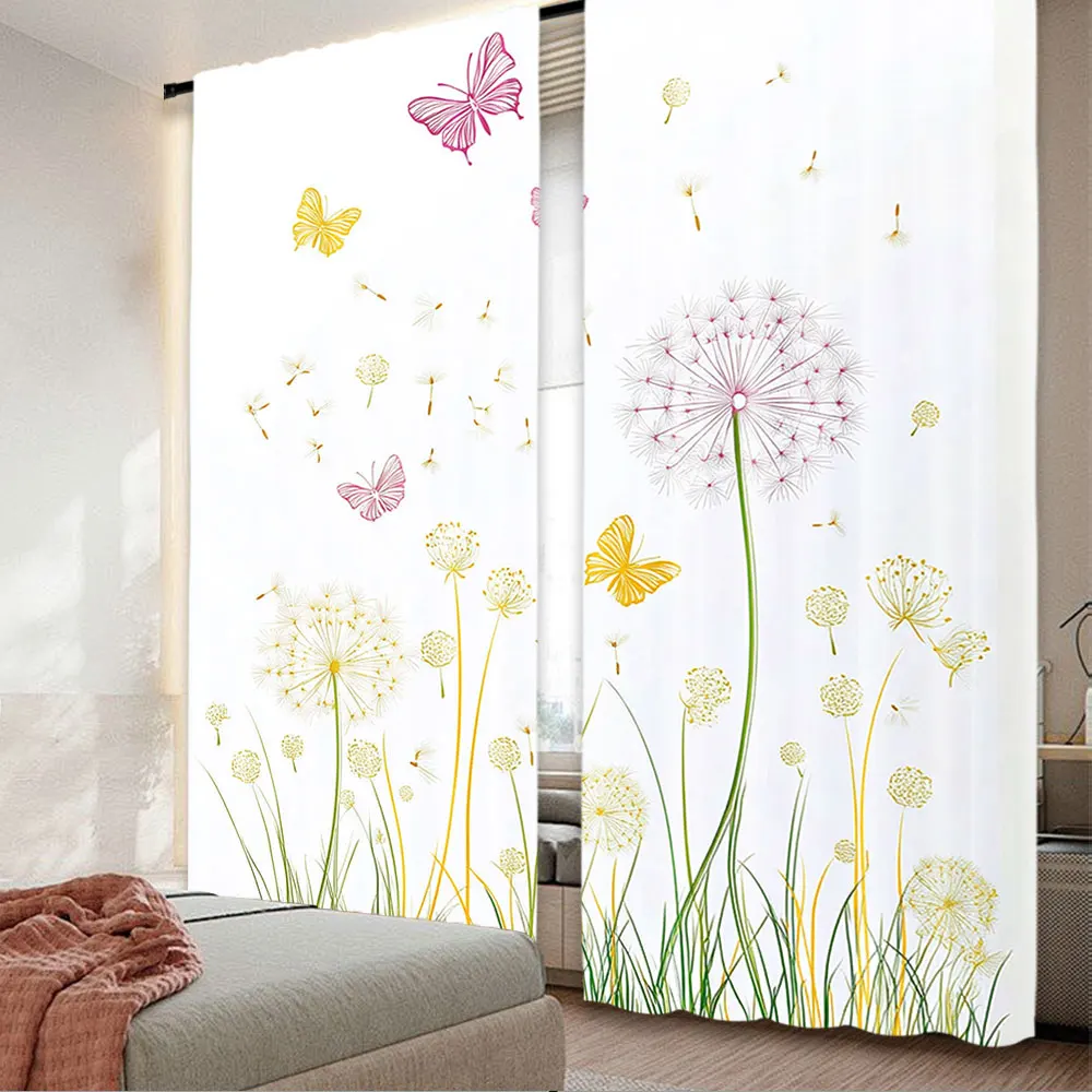 

2Pcs Aesthetic Dandelion Flower Curtain Pink Butterflies Window Drapes For Bedroom Living Room Decoration A