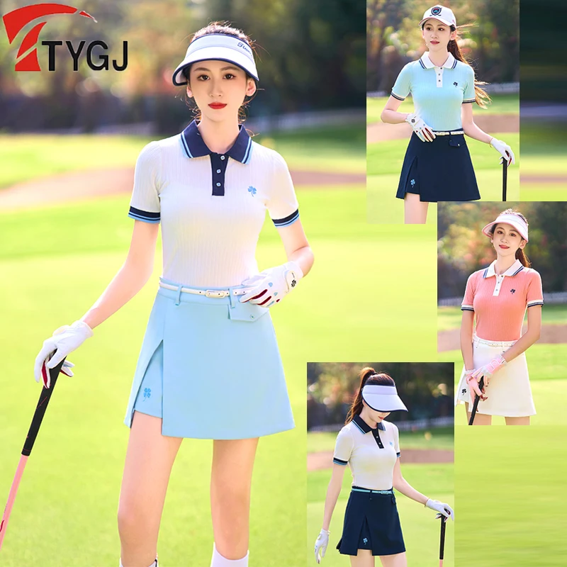 

TTYGJ Women Summer Short Sleeve Polo T-Shirt High Waist Slim Skirt Fitness Breathable Tops Ladies A-lined Workout Golf Skorts