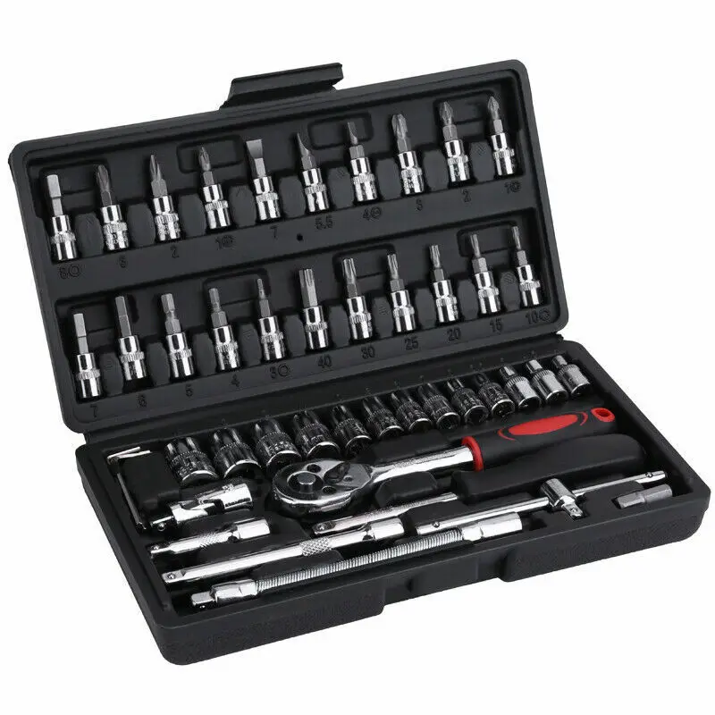 

46Pcs 1/4 Inch Drive Socket Ratchet Wrench Set with Extension Bar Bit Socket Set Wrench Screwdriver Combination Repair Tool Kit