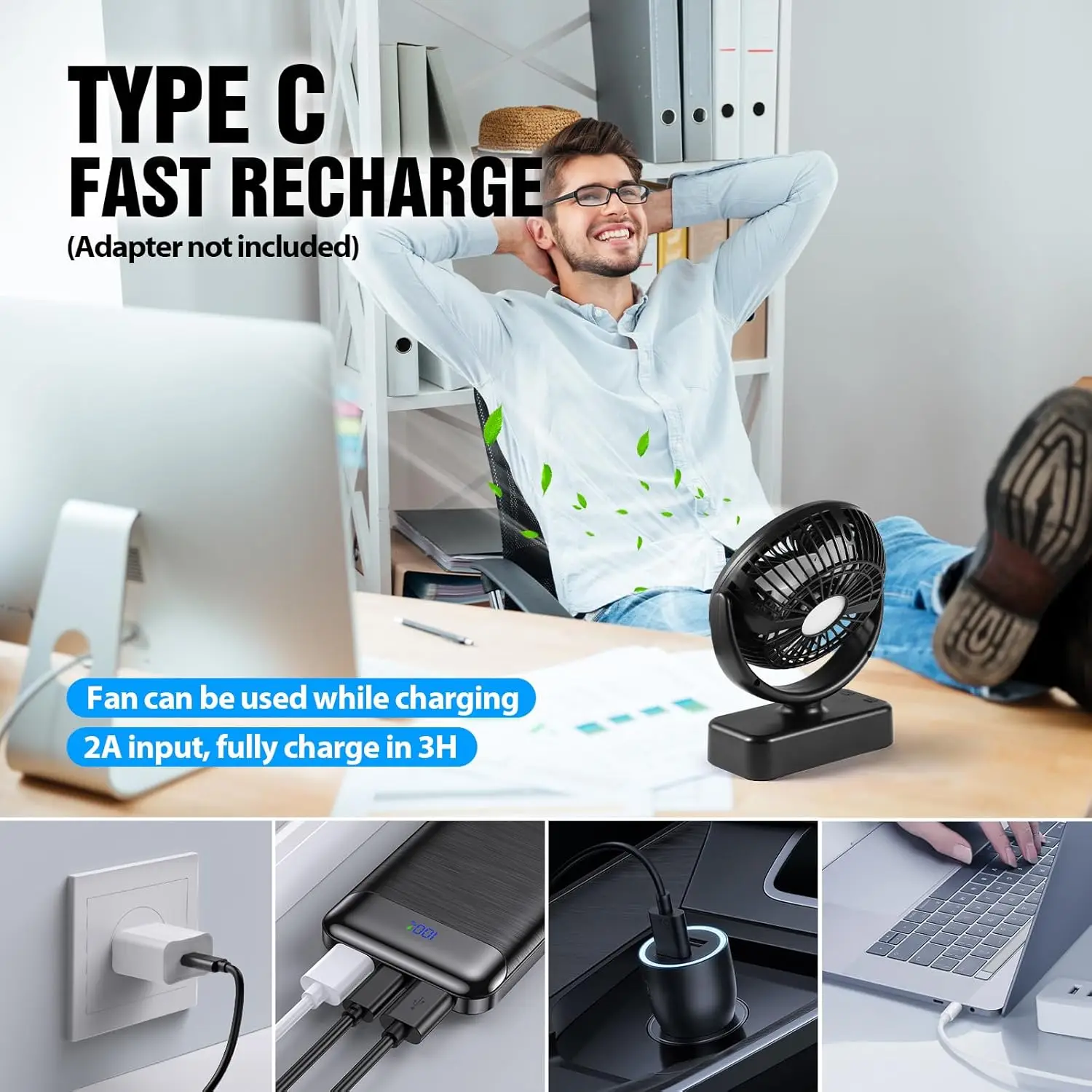 Rechargeable Camping Fan with LED Light - 40H Battery, Hanging Hook for Tent Car RV Emergency