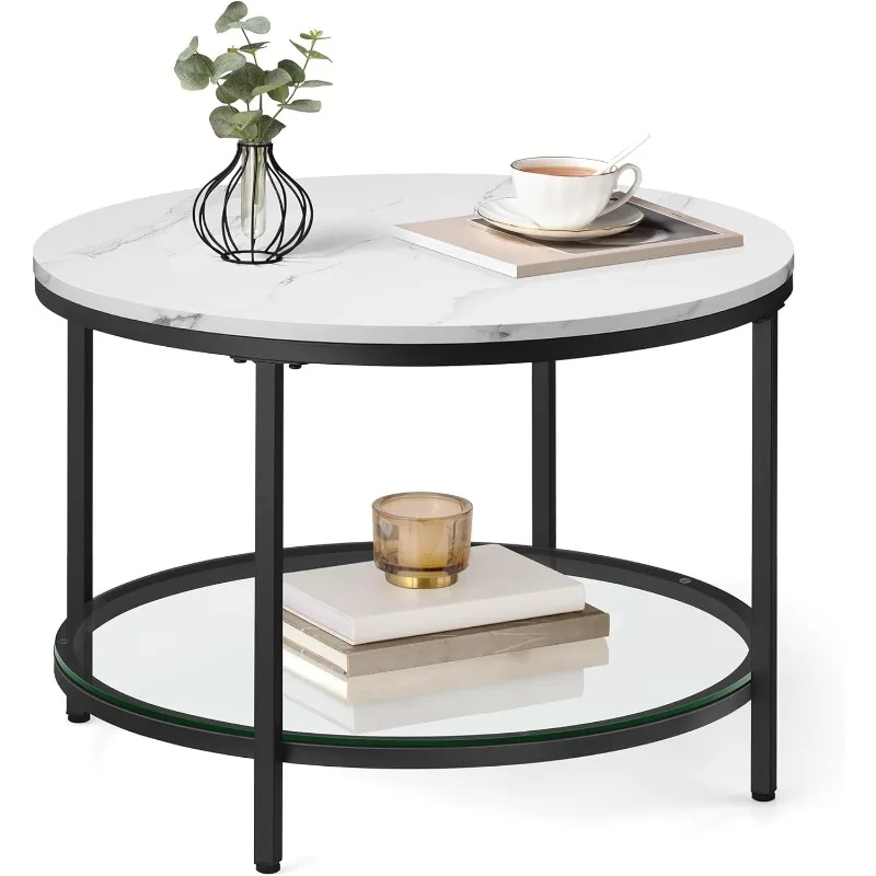 Small Coffee Table with Faux Marble Top and Glass Storage Shelf, 2-Tier Circle