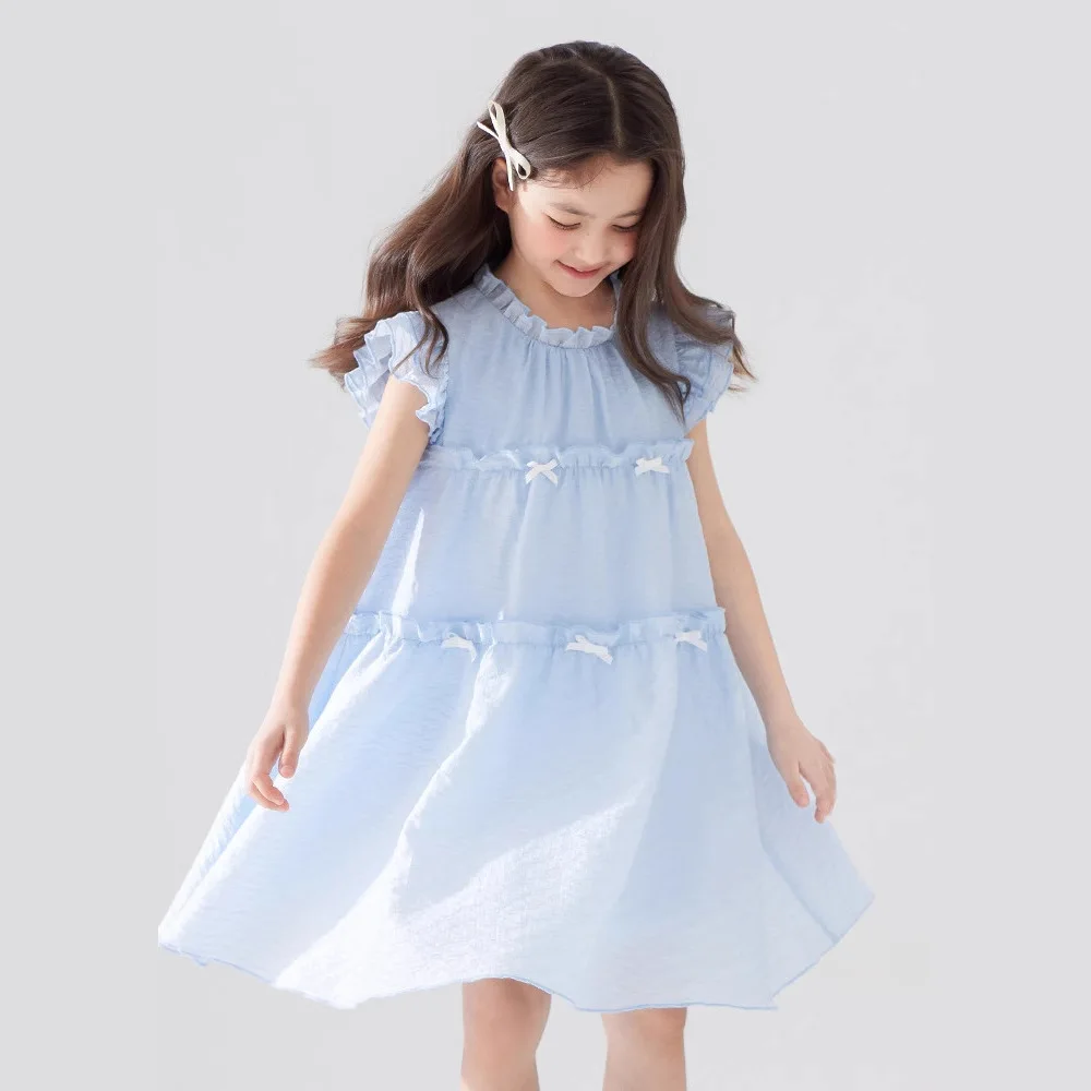 Vestido de manga voladora novedad de verano moda coreana Color sólido lindo dulce manga voladora vestido de princesa con nudo a tope