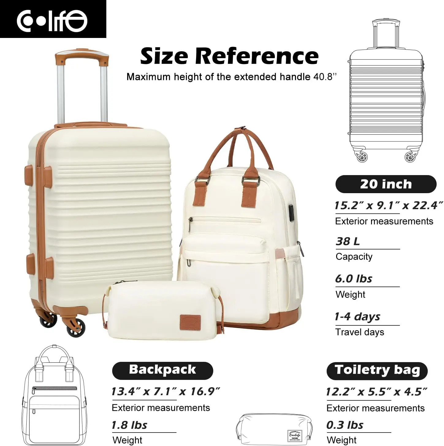 Hardside Conjunto de Bagagem com Rodas Tsa Lock Spinner, Carry On Suitcase, Branco, 3 Piece Set, Bp Tb 2