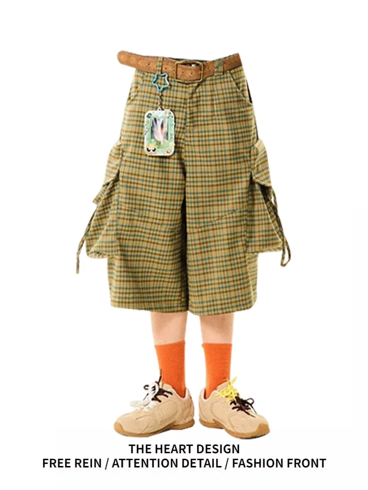 American Retro Plaid Workwear Seven-Foot Pants Women Summer New Sle Casual Versatile Wide-Leg orts High Waist Polyester F...