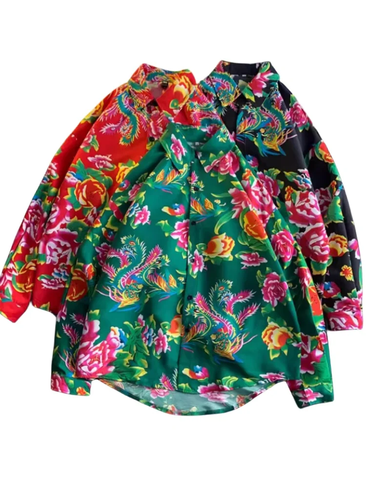 

New Chinese Style Men's Long Sleeve Large Flower Shirt Thin Fashion Design Spring Summer Boy's Loose Fit Printed Polyester