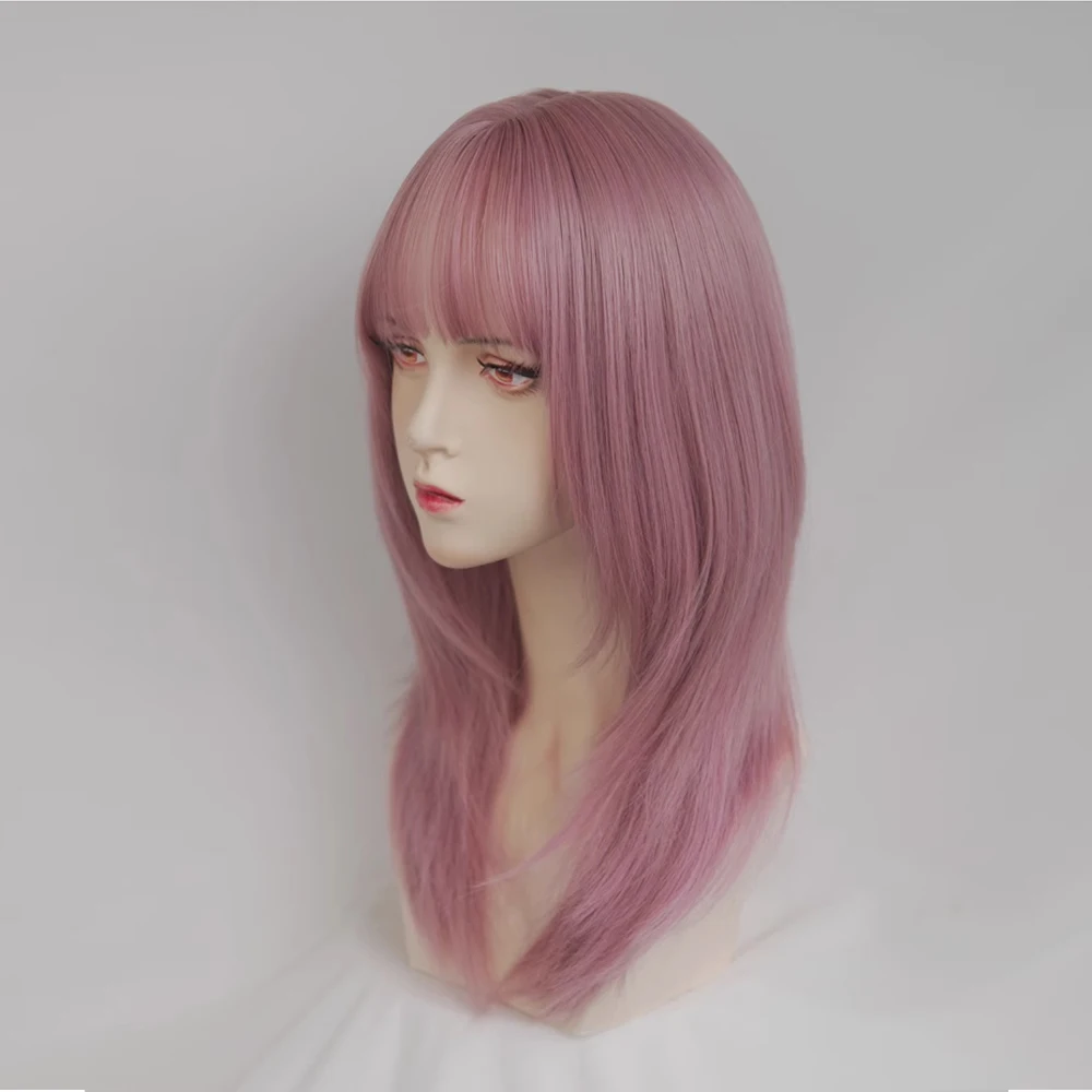 Synthetic Pink Purple Medium Long Straight Wigs with Bangs Women Natural Lolita Cosplay Wolf Tail Hair Wig for Daily Party