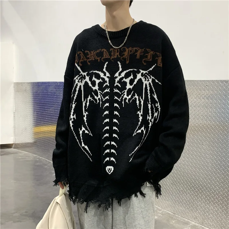 Dark Men\'s Loose Pullover Top High Street Hip Hop Trend Pullover Spring Round Neck Long Sleeve Top Personality Pattern Top