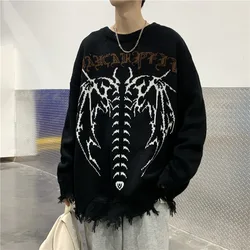 Dark Men's Loose Pullover Top High Street Hip Hop Trend Pullover Spring Round Neck Long Sleeve Top Personality Pattern Top