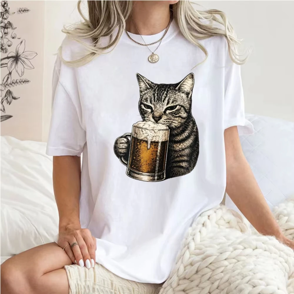 Vintage Tabby Cat Holding Beer Mug Sketch Cotton Women Tee Retro Beer Cat Pet Graphic Short Sleeve Tops Casual Street T-shirt