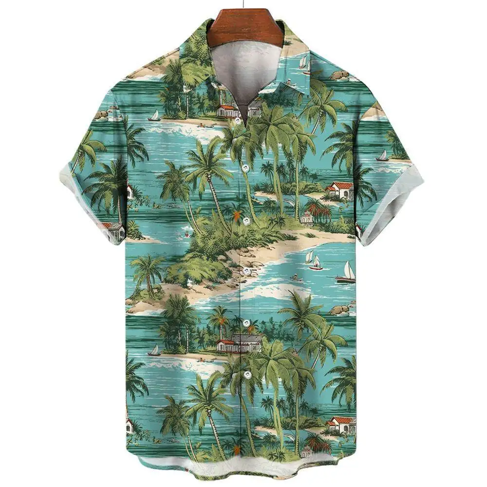 Summer Fashion Men\'s Short Sleeve Shirt Hawaiian Coconut Tree Print Street Casual Seaside Vacation Oversized Men\'s Shirt Tops