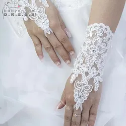 BABYONLINE D.R.E.S.S. Ivory Bride Gloves Lace Appliques 1 Pair Elegant Ivory Short Lace Fingerless Rhinestone Bridal Gloves