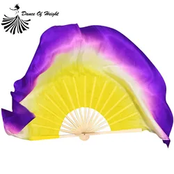 Real Silk Fan Veils 2 Layers Bamboo Folding Fan Double-sided Flowy Gradient Color Yellow Purple  Long Veil Hand Dye Yangko Adult