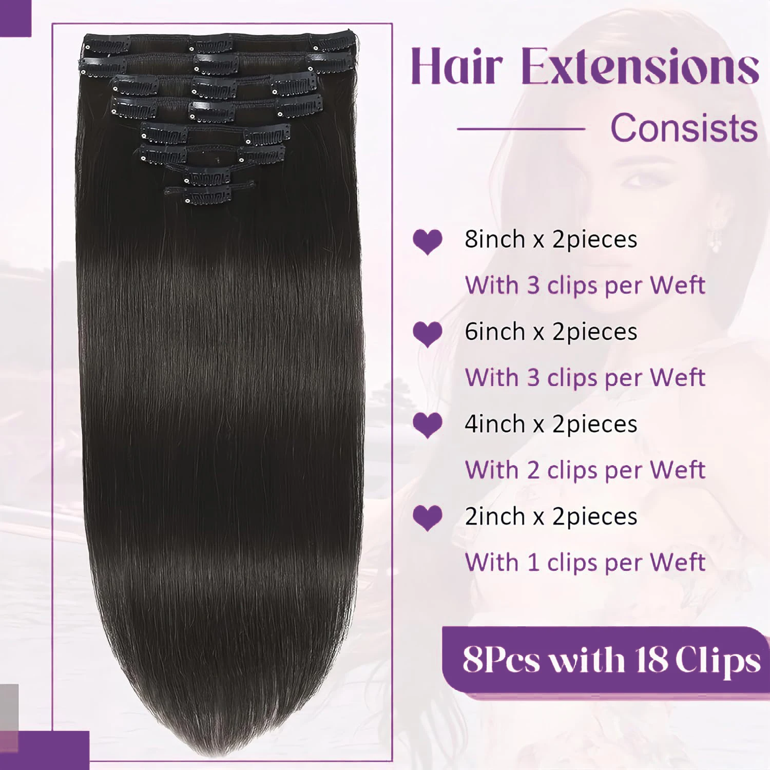 Clip em extensões de cabelo com trama dupla, cabelo humano real, invisível e reto, sem costura, 8PCs, 18 clipes