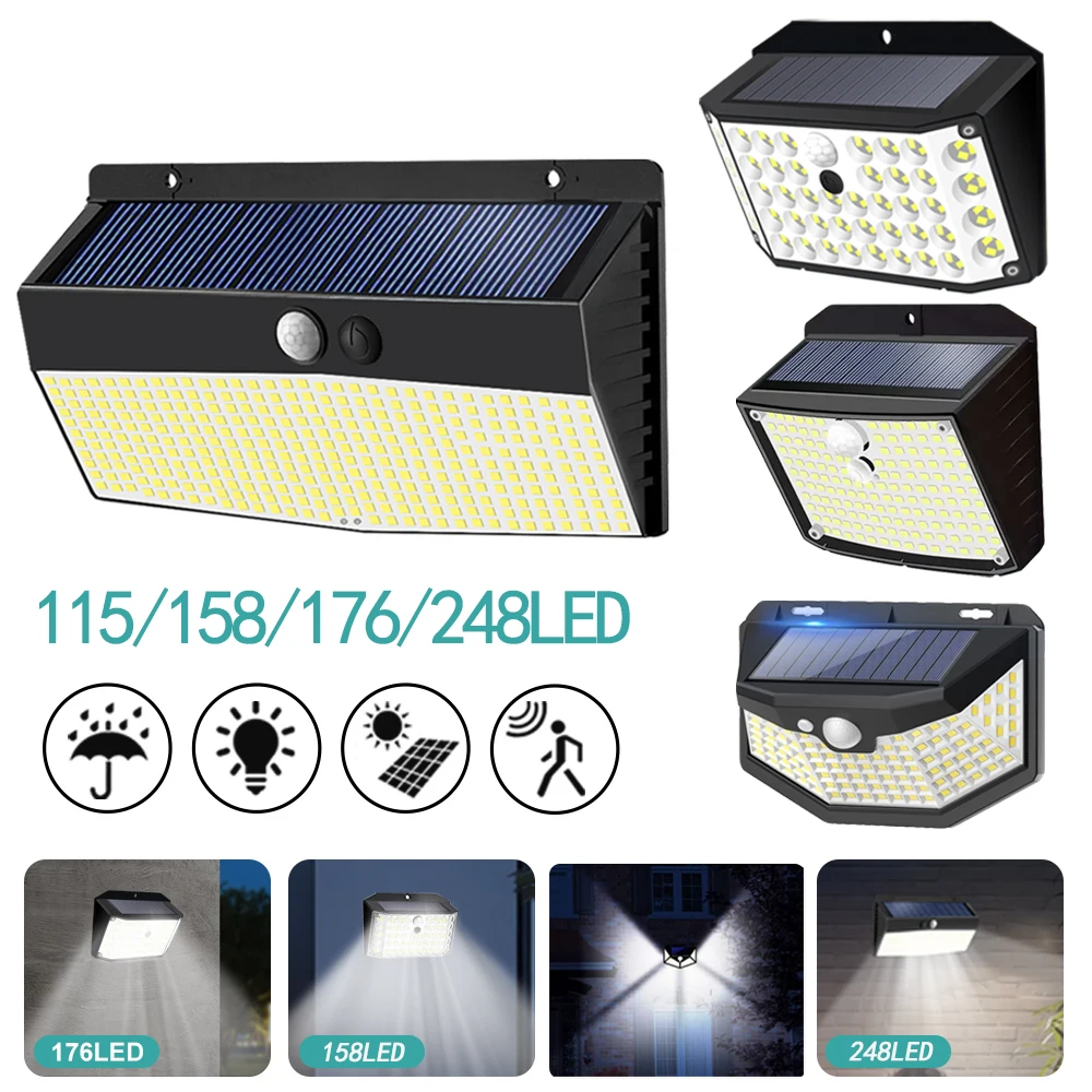

Solar Outdoor Lights 248/176/158 LED With Motion Sensor 3 Modes IP65 Waterproof Security Wall Lights For Front Door Garage Yard