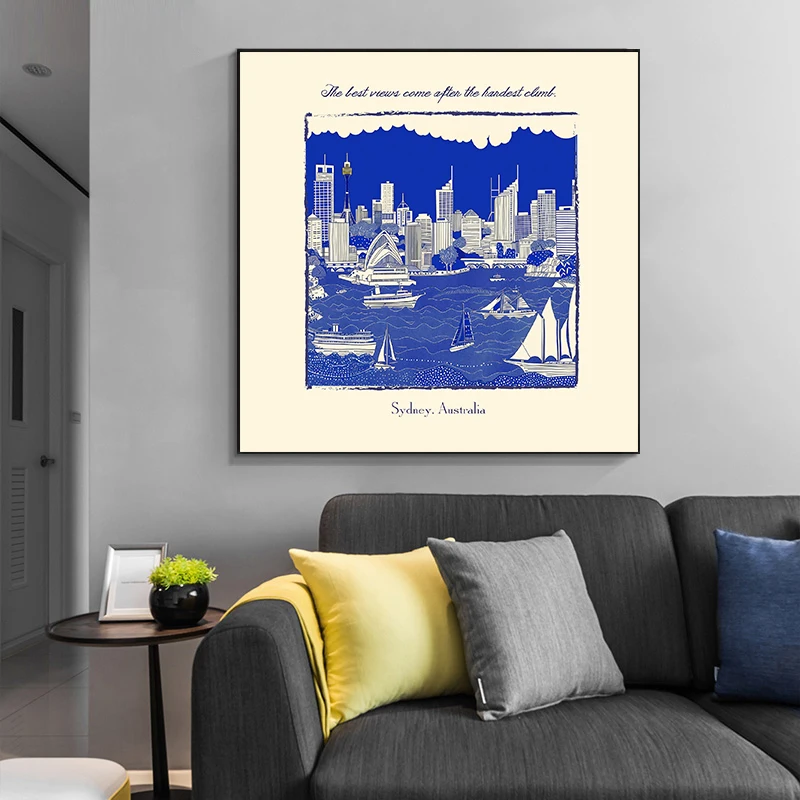 Blue Building Simplicity Travel San Francisco New York Rome Shanghai Poster Canvas Paintings Wall Art Pictures Home Decor Gifts