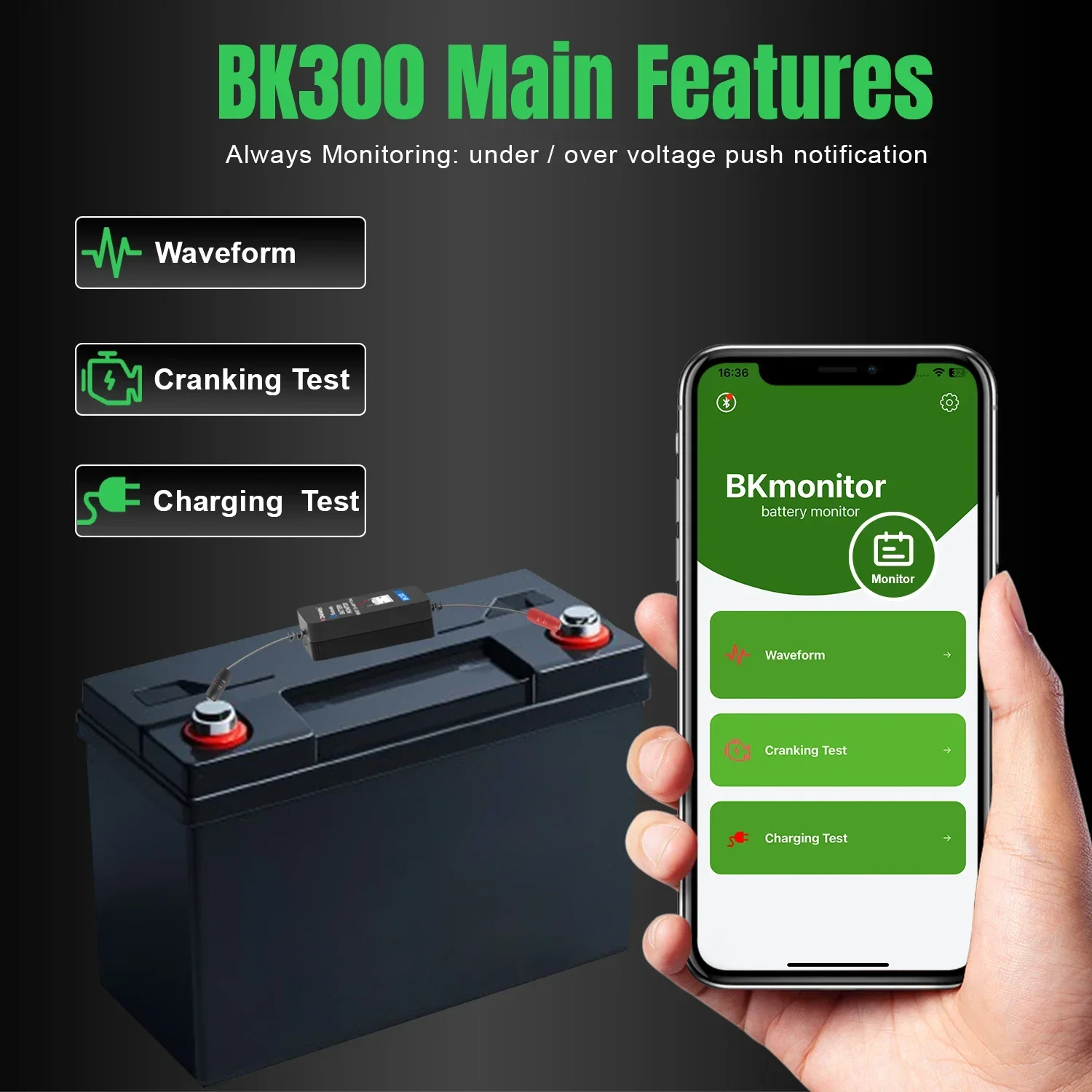 KONNWEI BK300 Bluetooth Car Battery Monitor 12V 24V Waveform Battery Tester Charging Cranking Test Tool For Ios Android