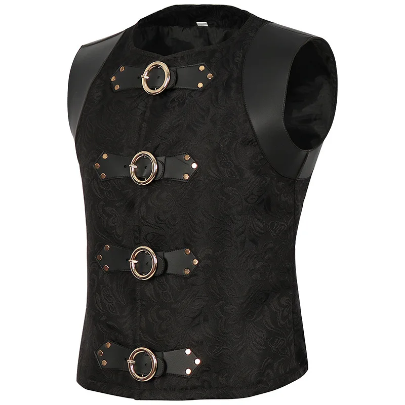 #4878 Black Halloween Vest Men Round Neck Black Rivet Punk Stage Performance Vest Male Split Joint Leather Vest Short Outerwear