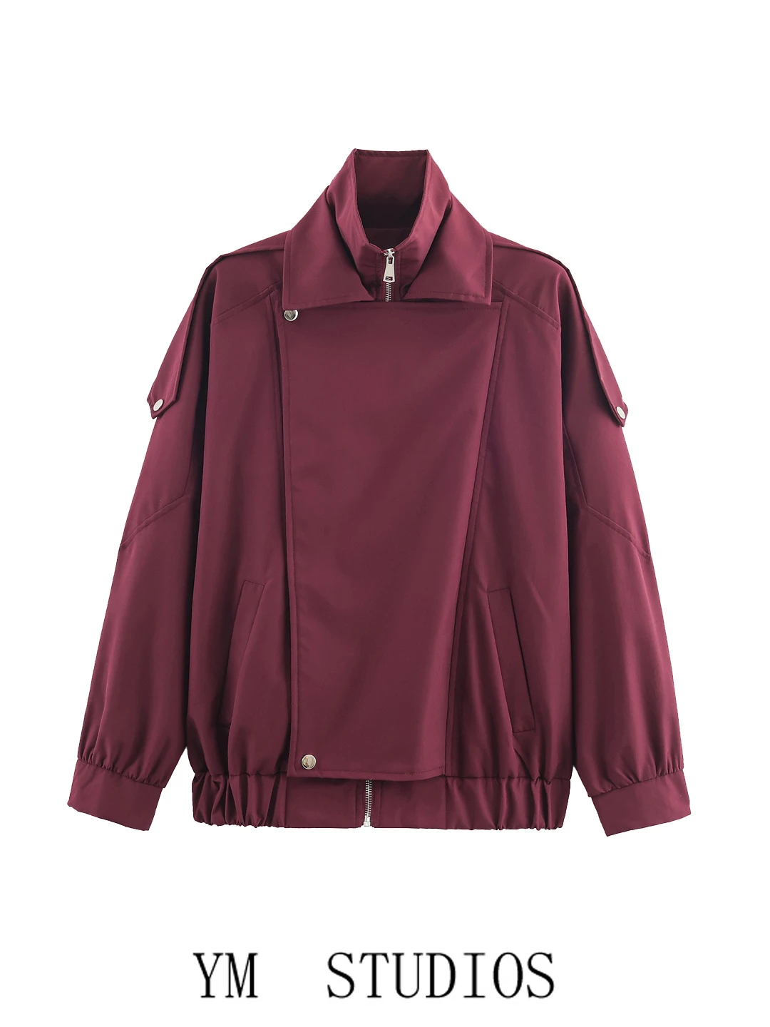 

Street Sle Women's Jaet Double Collar Zipper Loose Red Workwear Coat Stand Collar Long Sve Warm Polyester Fiber