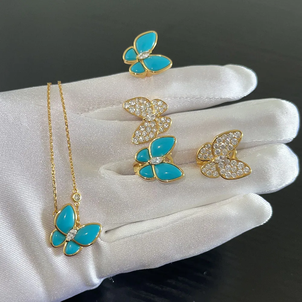 2022 New Luxury Quality Brand Blue Turquoise Butterfly Earrings Neckalce Bracelet Ring For Women 925 Sterling Silver Jewelry Set